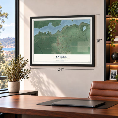 Sayner, Wisconsin map, 18 x 24 inch print in a black frame in a home office
