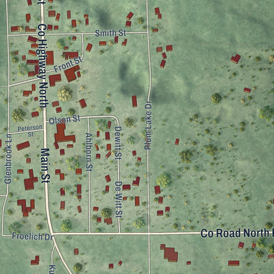 Close-up of the map of Sayner, Wisconsin print showing street and building detail