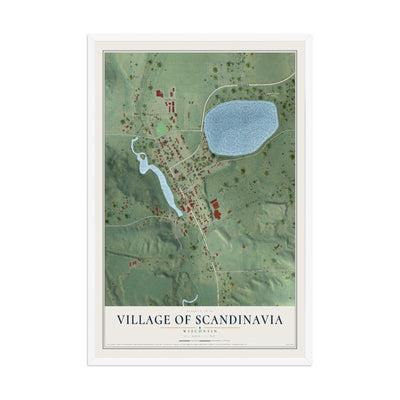 Map of Scandinavia, Wisconsin, 12 x 18 inch print in a white wood frame