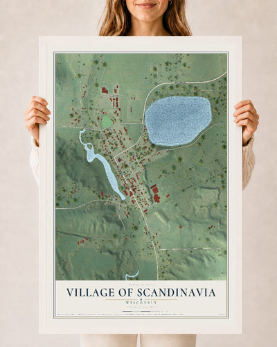 Map of Scandinavia, Wisconsin, 24 x 36 inch print in a white wood frame