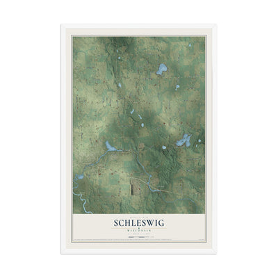 Map of Schleswig, Wisconsin, 12 x 18 inch print in a white wood frame
