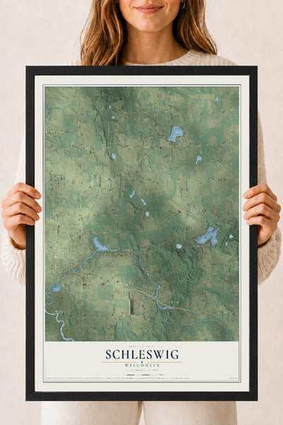 Map of Schleswig, Wisconsin, 18 x 24 inch print in a black wood frame