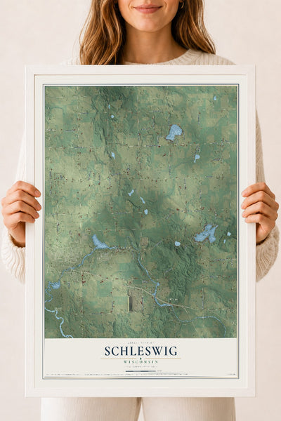 Map of Schleswig, Wisconsin, 18 x 24 inch print in a white wood frame