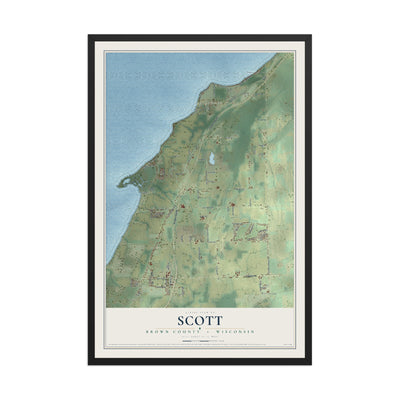 Map of Scott, Brown County, Wisconsin, 12 x 18 inch print in a black wood frame