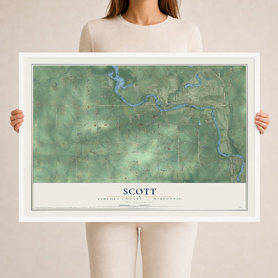 Map of Scott, Lincoln County, Wisconsin, 24 x 36 inch print in a white wood frame