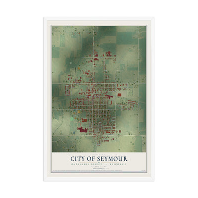 Map of Seymour, Wisconsin, 12 x 18 inch print in a white wood frame