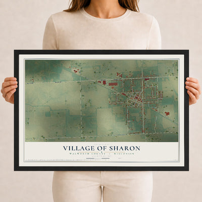 Map of Sharon, Wisconsin, 12 x 18 inch print in a black wood frame