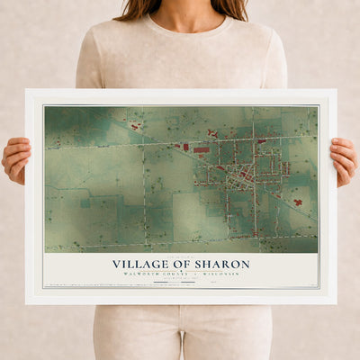 Map of Sharon, Wisconsin, 12 x 18 inch print in a white wood frame