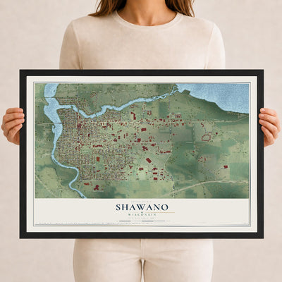 Map of Shawano, Wisconsin, 12 x 18 inch print in a black wood frame