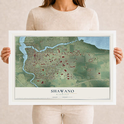 Map of Shawano, Wisconsin, 12 x 18 inch print in a white wood frame