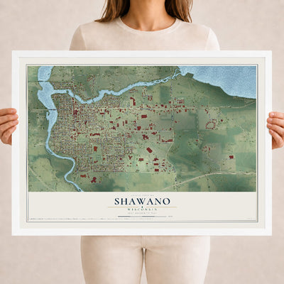 Map of Shawano, Wisconsin, 18 x 24 inch print in a white wood frame