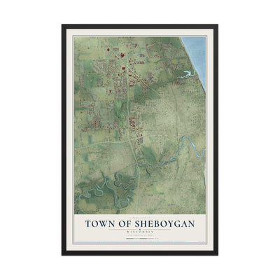 Map of the Town of Sheboygan, Wisconsin, 12 x 18 inch print in a black wood frame