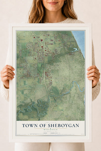 Map of the Town of Sheboygan, Wisconsin, 18 x 24 inch print in a white wood frame