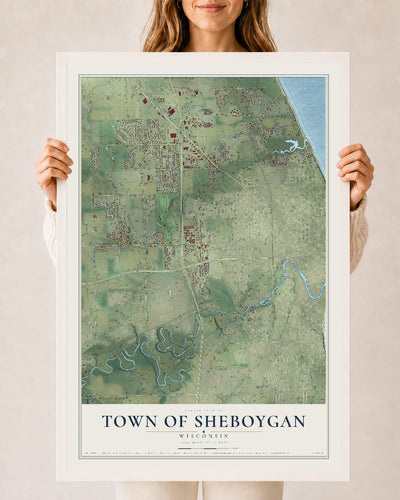 Map of the Town of Sheboygan, Wisconsin, 24 x 36 inch print in a white wood frame