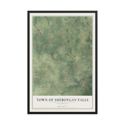 Map of the Town of Sheboygan Falls, Wisconsin, 12 x 18 inch print in a black wood frame