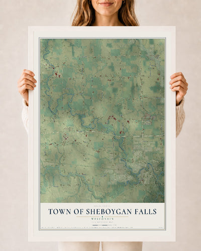 Map of the Town of Sheboygan Falls, Wisconsin, 24 x 36 inch print in a white wood frame