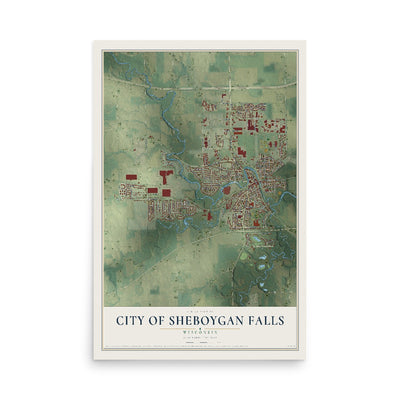 Map of Sheboygan Falls, Wisconsin, 12 x 18 inch unframed archival matte print