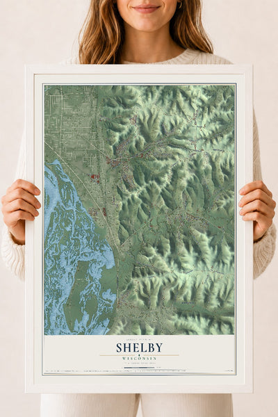 Map of Shelby, Wisconsin, 18 x 24 inch print in a white wood frame