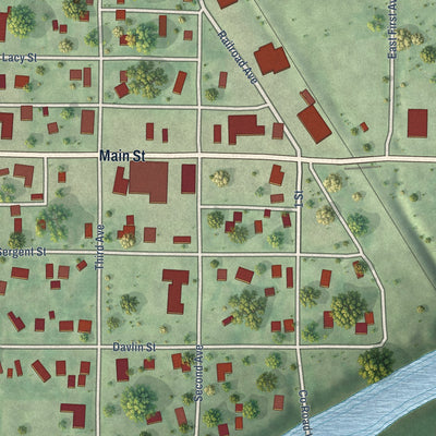 Close-up of the map of Sheldon, Rusk County, Wisconsin print showing street and building detail