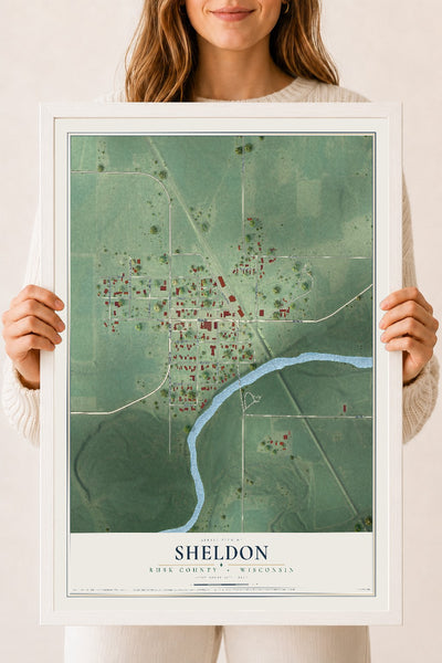 Map of Sheldon, Rusk County, Wisconsin, 18 x 24 inch print in a white wood frame