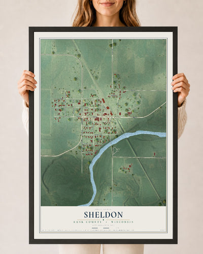 Map of Sheldon, Rusk County, Wisconsin, 24 x 36 inch print in a black wood frame