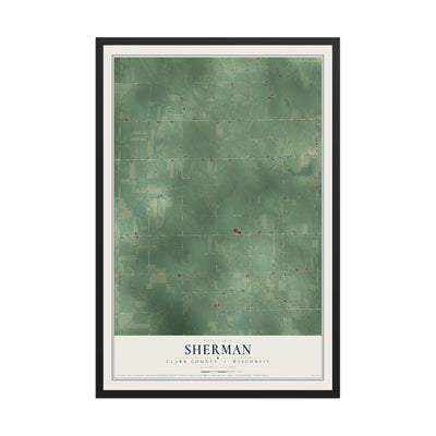 Map of Sherman, Clark County, Wisconsin, 12 x 18 inch print in a black wood frame