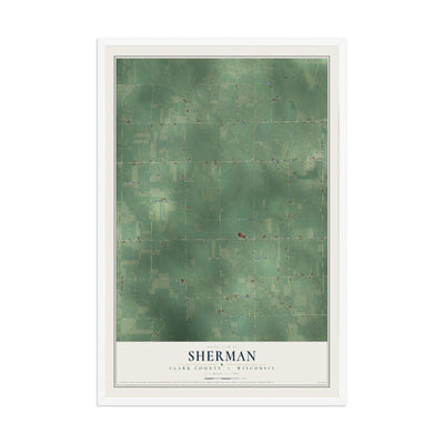 Map of Sherman, Clark County, Wisconsin, 12 x 18 inch print in a white wood frame