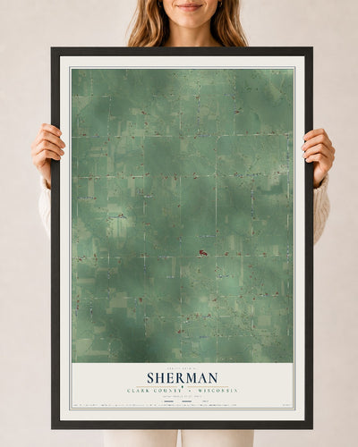Map of Sherman, Clark County, Wisconsin, 24 x 36 inch print in a black wood frame