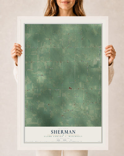 Map of Sherman, Clark County, Wisconsin, 24 x 36 inch print in a white wood frame
