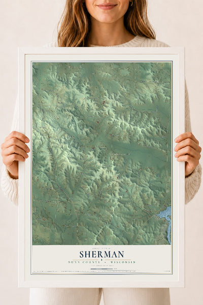 Map of Sherman, Dunn County, Wisconsin, 18 x 24 inch print in a white wood frame