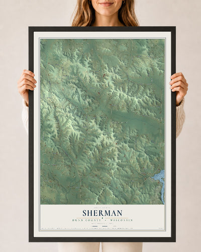 Map of Sherman, Dunn County, Wisconsin, 24 x 36 inch print in a black wood frame