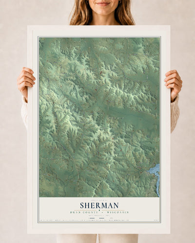 Map of Sherman, Dunn County, Wisconsin, 24 x 36 inch print in a white wood frame