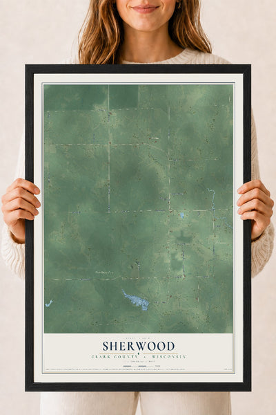 Map of Sherwood, Clark County, Wisconsin, 18 x 24 inch print in a black wood frame