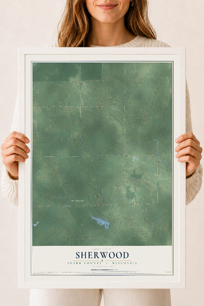 Map of Sherwood, Clark County, Wisconsin, 18 x 24 inch print in a white wood frame