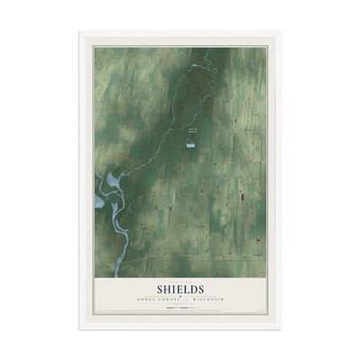 Map of Shields, Dodge County, Wisconsin, 12 x 18 inch print in a white wood frame