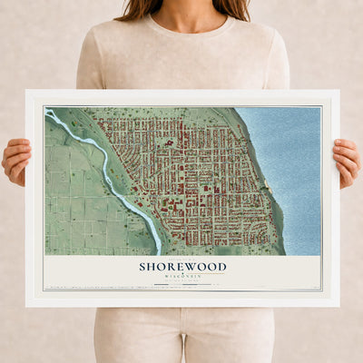 Map of Shorewood, Wisconsin, 12 x 18 inch print in a white wood frame
