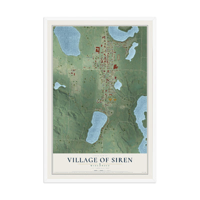 Map of Siren, Wisconsin, 12 x 18 inch print in a white wood frame