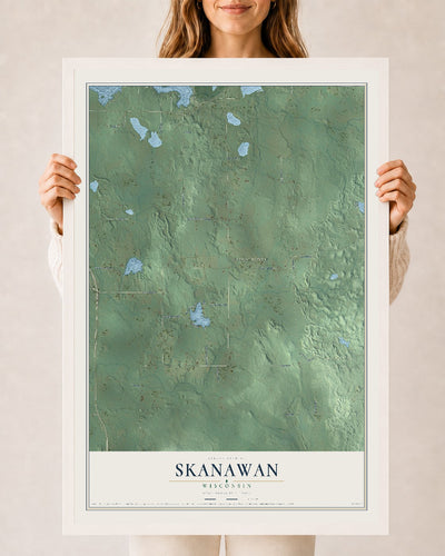 Map of Skanawan, Wisconsin, 24 x 36 inch print in a white wood frame