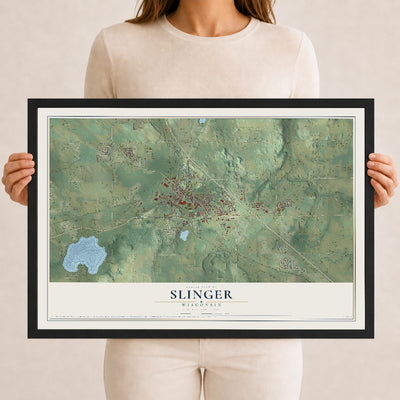 Map of Slinger, Wisconsin, 12 x 18 inch print in a black wood frame