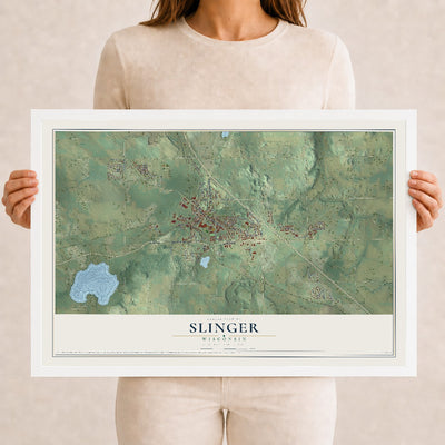 Map of Slinger, Wisconsin, 12 x 18 inch print in a white wood frame