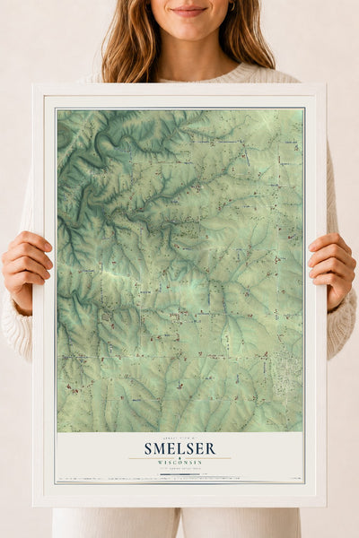Map of Smelser, Wisconsin, 18 x 24 inch print in a white wood frame