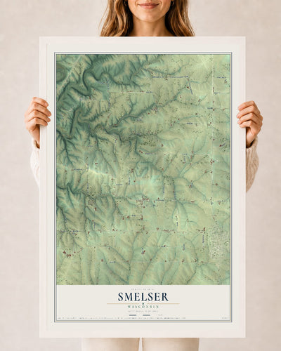 Map of Smelser, Wisconsin, 24 x 36 inch print in a white wood frame