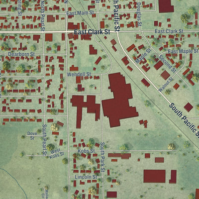 Close-up of the map of Spencer, Wisconsin print showing street and building detail