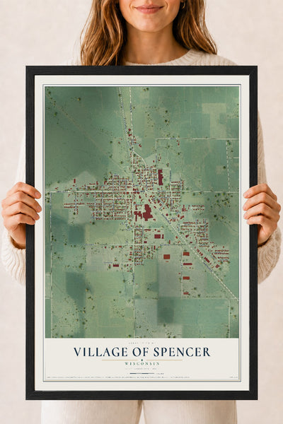 Map of Spencer, Wisconsin, 18 x 24 inch print in a black wood frame