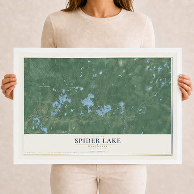 Map of Spider Lake, Wisconsin, 12 x 18 inch print in a white wood frame