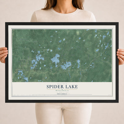Map of Spider Lake, Wisconsin, 18 x 24 inch print in a black wood frame