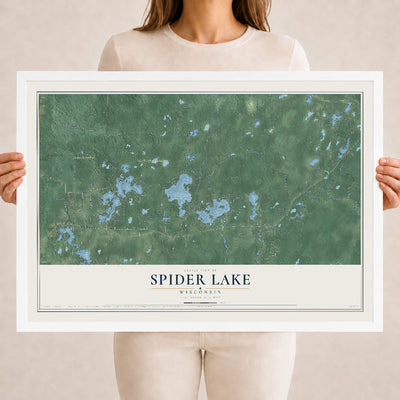 Map of Spider Lake, Wisconsin, 18 x 24 inch print in a white wood frame