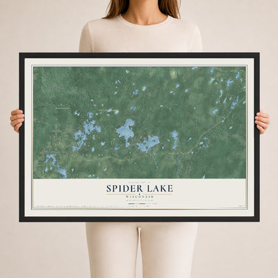 Map of Spider Lake, Wisconsin, 24 x 36 inch print in a black wood frame