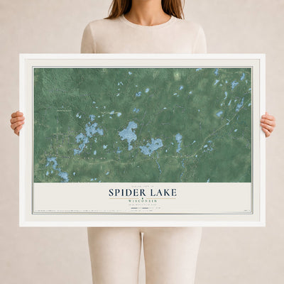 Map of Spider Lake, Wisconsin, 24 x 36 inch print in a white wood frame
