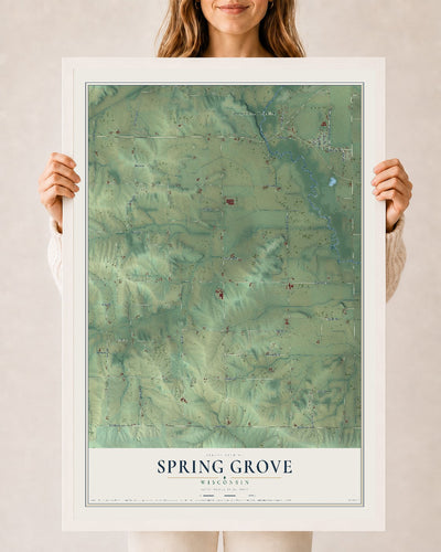 Map of Spring Grove, Wisconsin, 24 x 36 inch print in a white wood frame